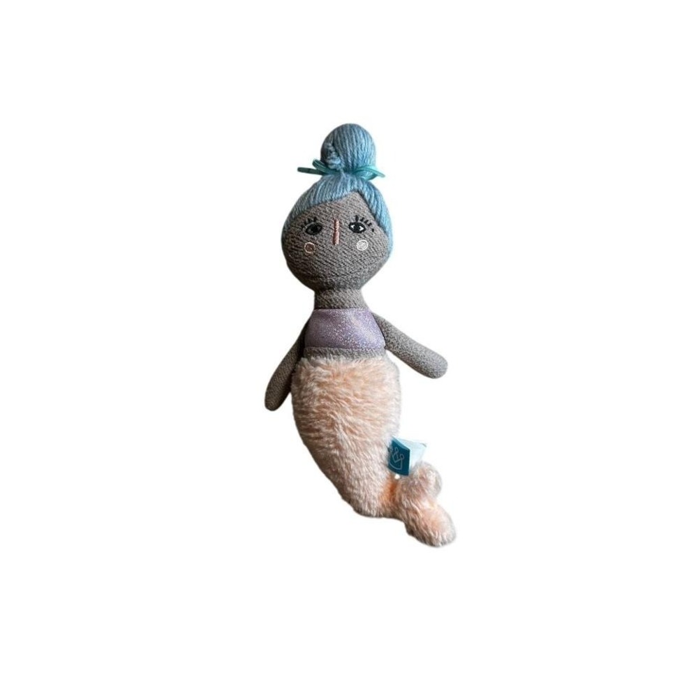Cuddle+Kind Mermaid Hand Knit Mini Plush Doll Blue Hair Peach Fuzzy Tail 10 Inch